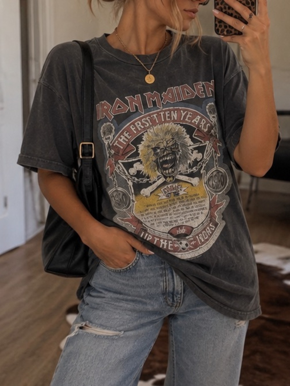Iron Maiden The First Ten Years Distressed Graphic Tee Faded Black